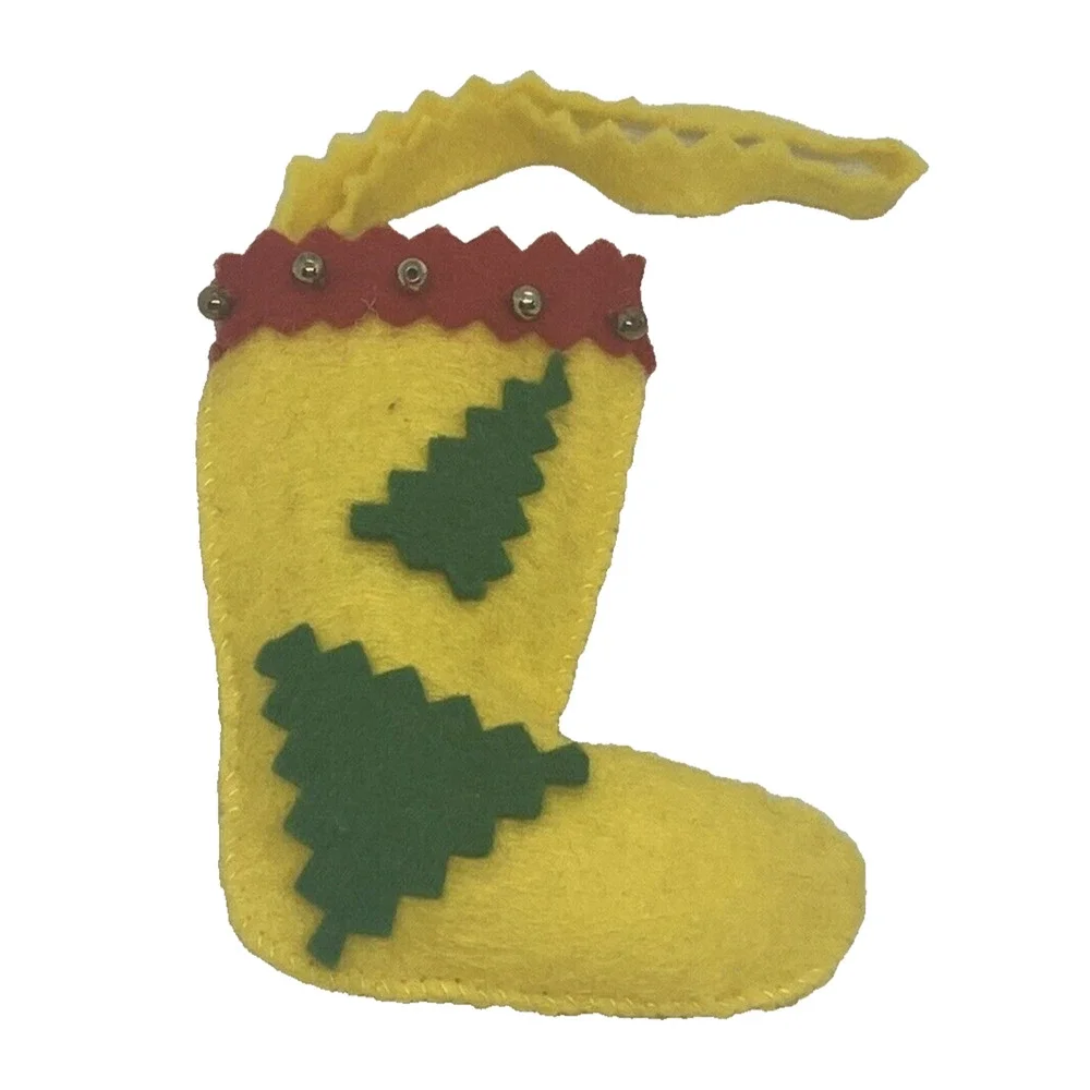 Vintage Christmas Stocking 3 1/2” Felt Yellow Red Green Beads Tree Holiday Gift